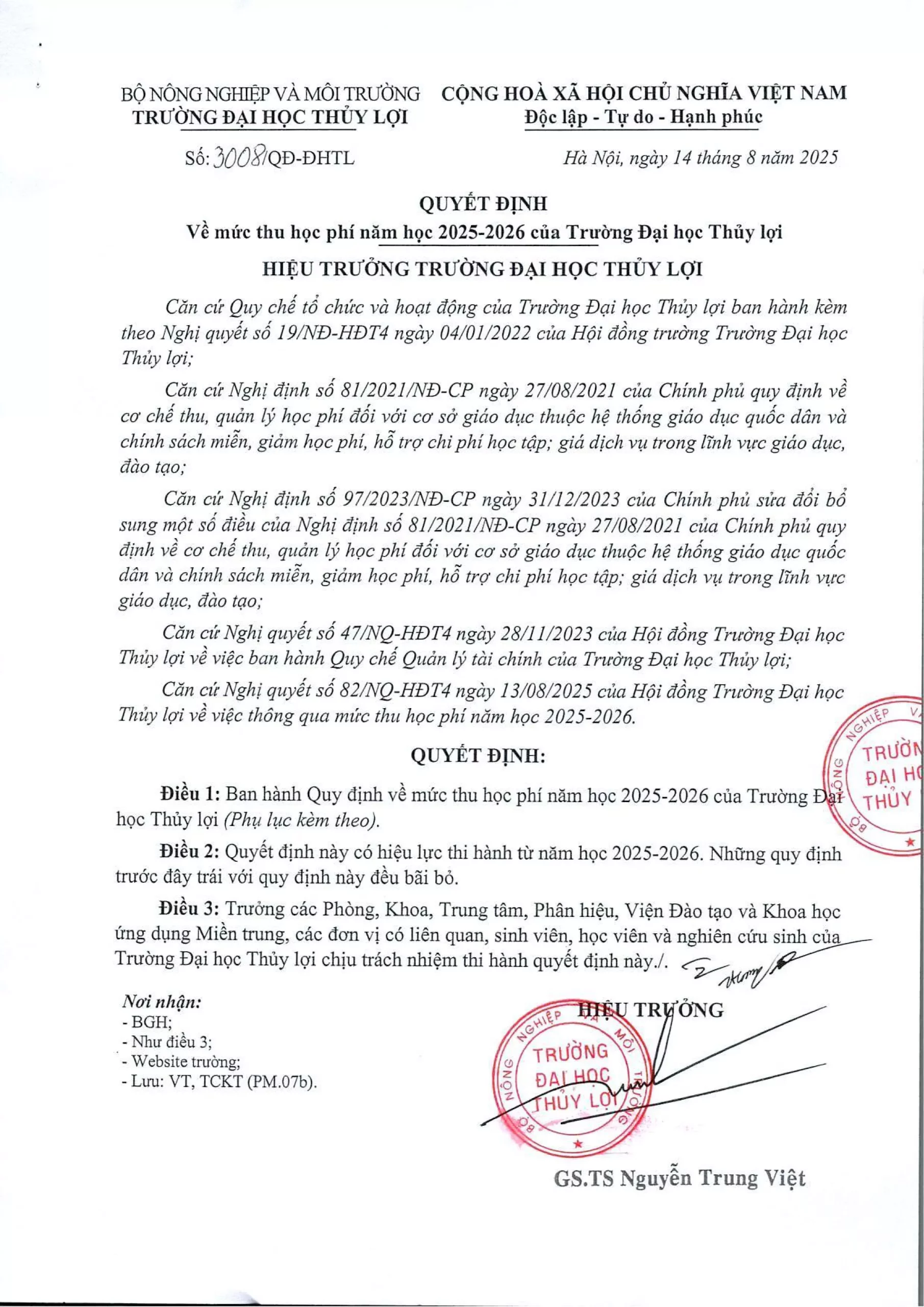 Quyết định về mức thu học phí năm học 2025-2026 của Trường Đại học Thủy lợi