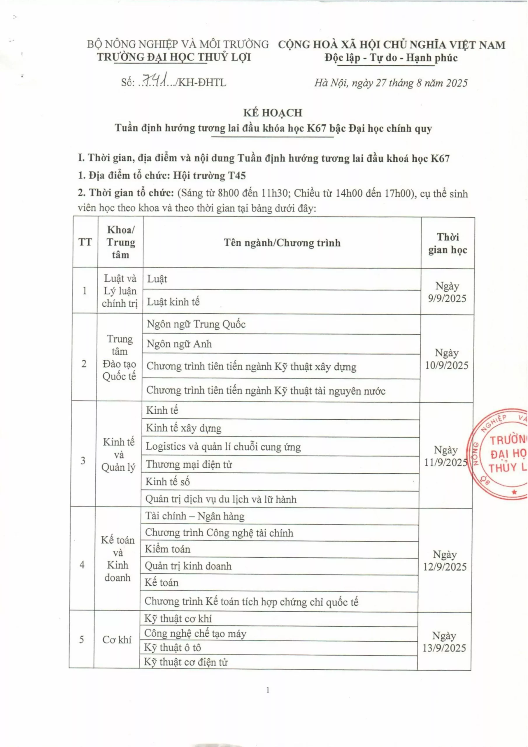 Kế hoạch tuần định hướng tương lai đầu khóa học K67 bậc Đại học chính quy