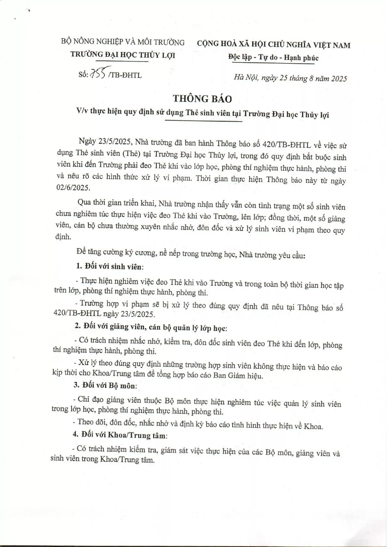 Thông báo thực hiện quy định sử dụng Thẻ sinh viên tại Trường Đại học Thủy lợi