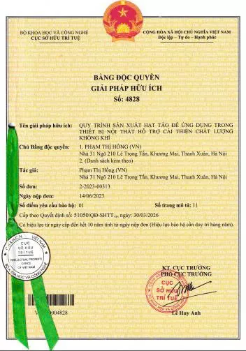 Bằng giải pháp hữu ích số 4828 cho sáng chế “Quy trình sản xuất hạt tảo để ứng dụng trong thiết bị nội thất hỗ trợ cải thiện chất lượng không khí”