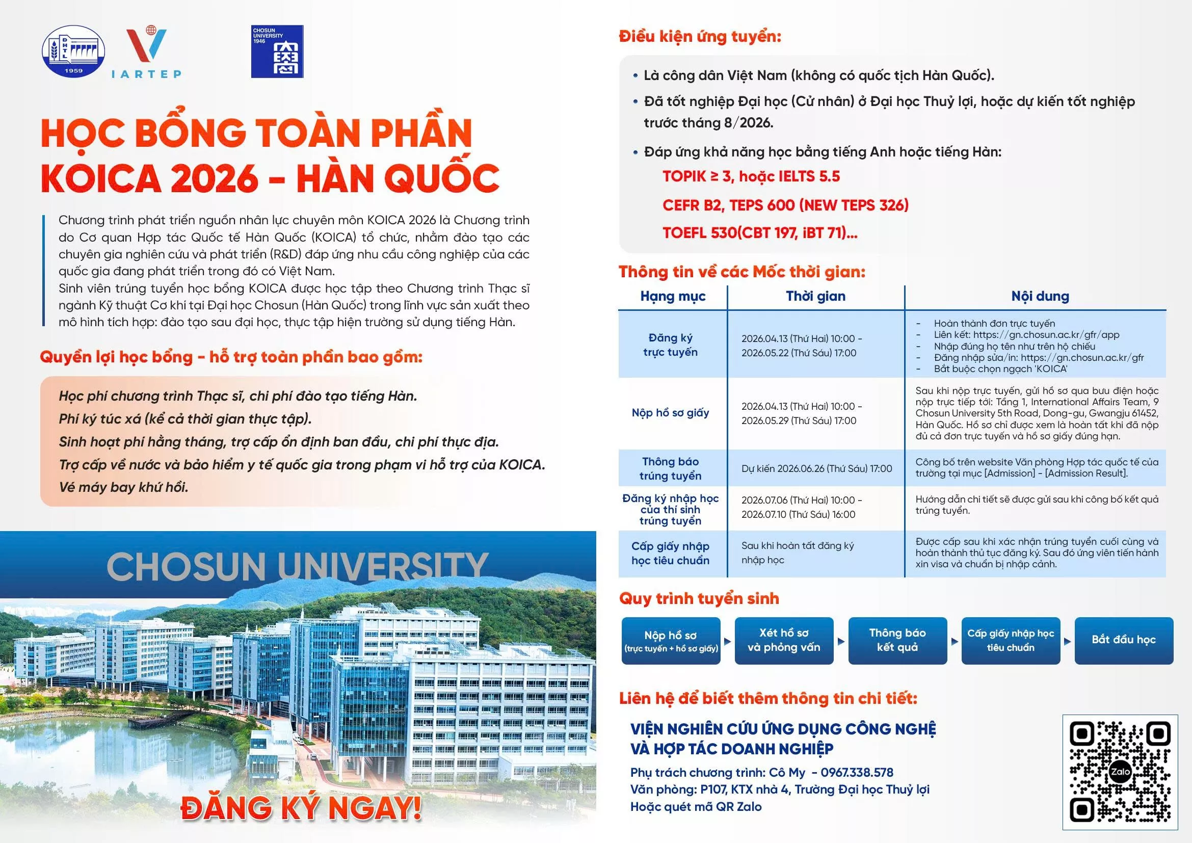 Thúc đẩy hợp tác quốc tế, mở rộng cơ hội học tập: Học bổng KOICA 2026 giữa Trường Đại học Thủy lợi và Đại học Chosun